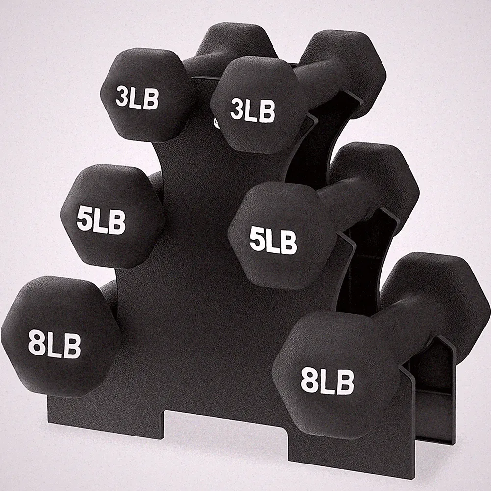Neoprene Coated Iron Dumbbell Hex Weights Set W/ Stand – Color-Coded/Black NEW
