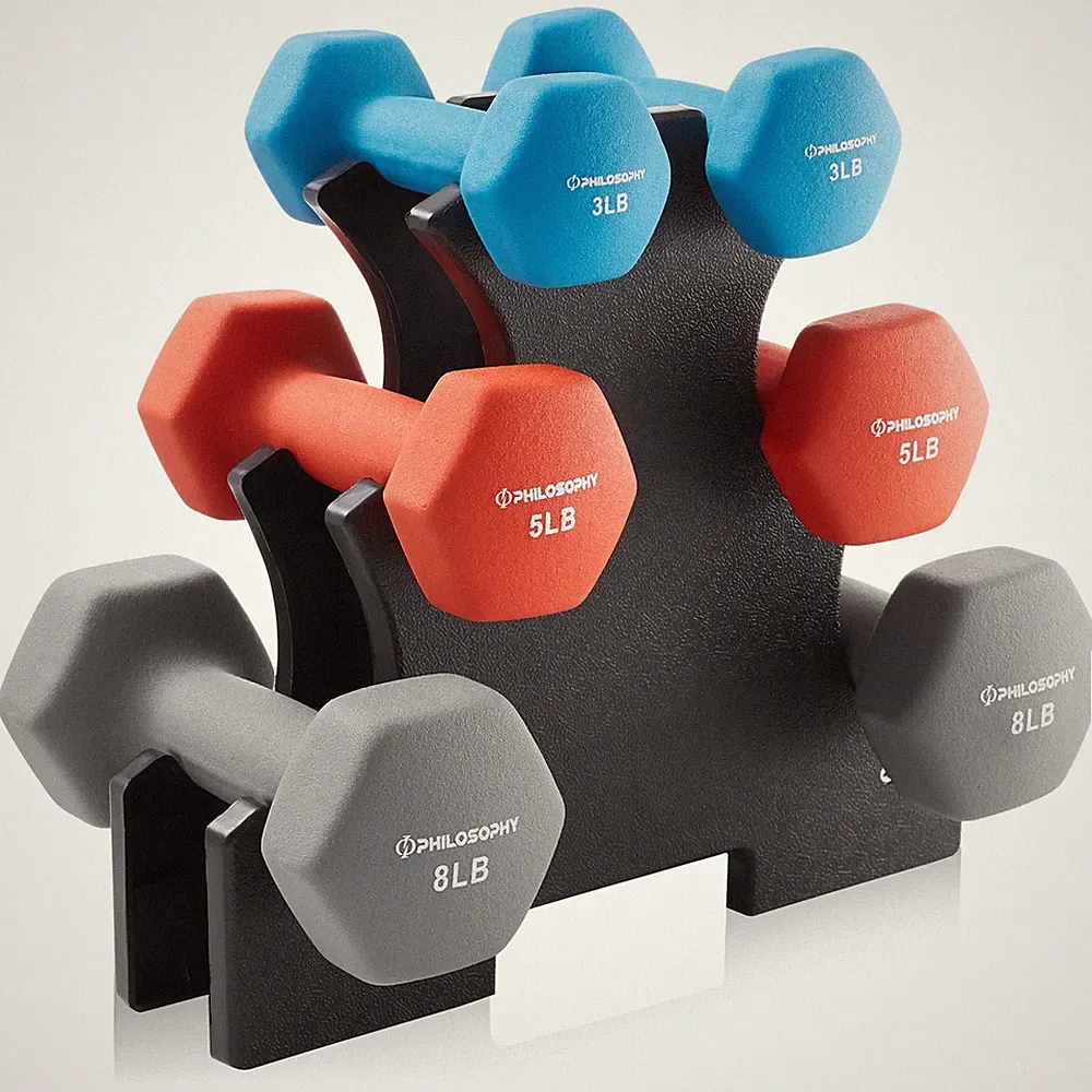 Neoprene Dumbbell Hand Weights with Stand, 32 Lbs (3 Lb, 5 Lb, 8 Lb Pairs)