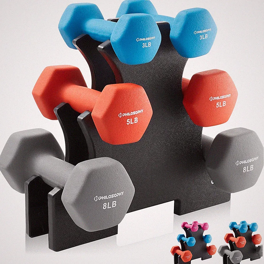 Neoprene Dumbbell Hexagon Hand Weights, Set of 6 with Rack