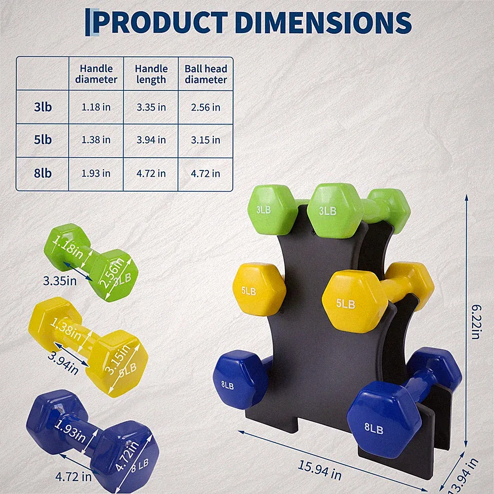 Neoprene Dumbbell Pairs 3+5+8 LB Free Hand Weight Set with Rack Home Gym