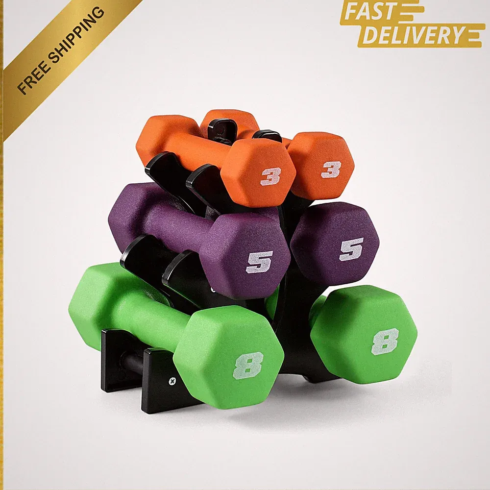Neoprene Dumbbell Set, Color Coded, 3, 5, 8 Pounds, Pairs with Rack, Exercise