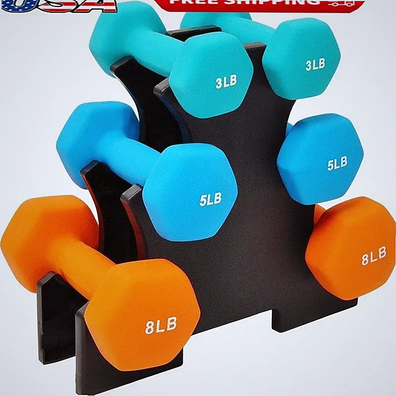 Neoprene Dumbbell Set W/ Rack 3 5 8 lbs Hex Shape Non Slip Weight Training New
