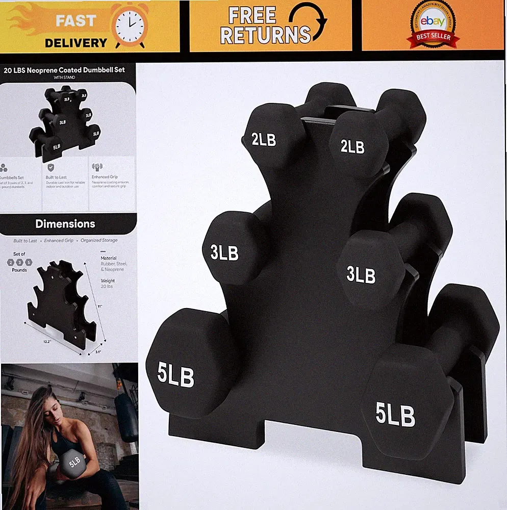 Neoprene Dumbbell Set with Rack - Non-Slip Weights for Home Gym & Fitness, Multi