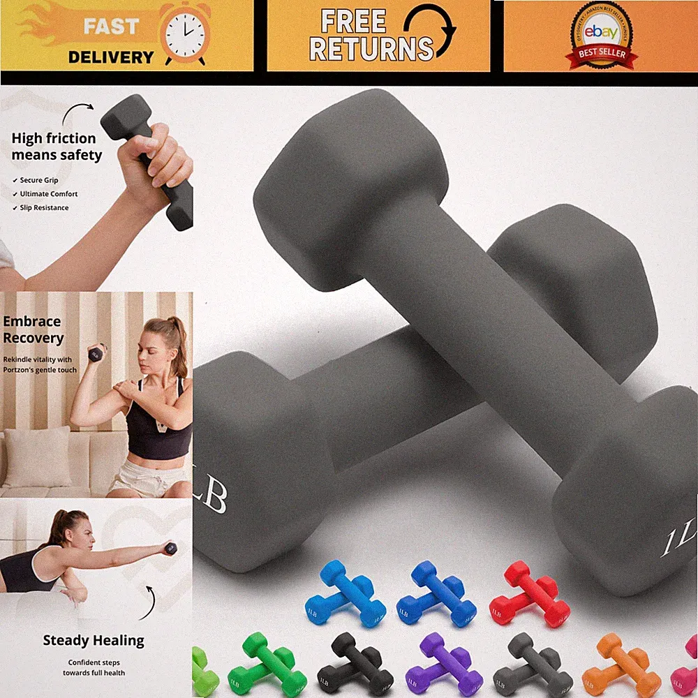 Neoprene Dumbbells Set of 2, 1-15 LB, Anti-Slip, Hex Shape, 10 Color Options