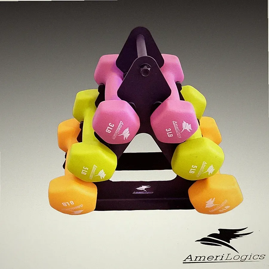 Neoprene Dumbell set purple, green , orange 35.27lb with stand