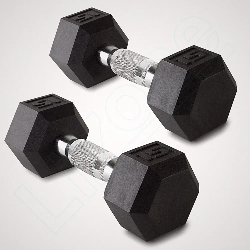 New 15 lb (Pair) Lizone Hex Rubber Coated Dumbbells Set Total 30 lbs free ship