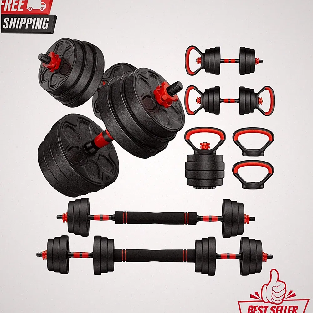 NEW Adjustable Dumbbell Set 4-in-1 Barbell Kettlebell Push Up Home Gym Set