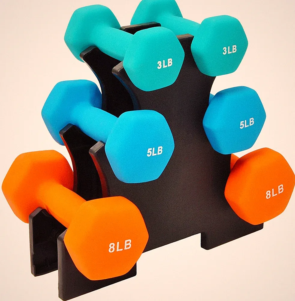 New Best Fitvids Set of 6 Neoprene Dumbbell Hand Weights, with Rack 3/5/8 Pairs