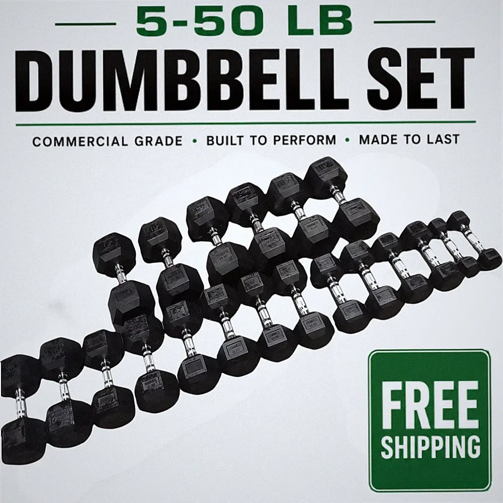 NEW Hammer Clad Premium Rubber Hex Dumbbells 5–50 lb Set