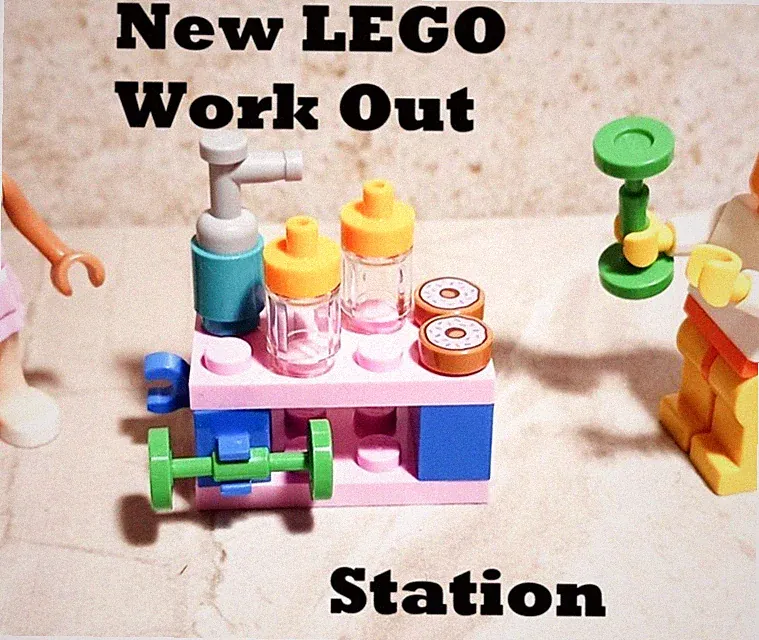 New LEGO Sports Station Workout Dumbbells Weights Juice Bar Water Bottle Donut