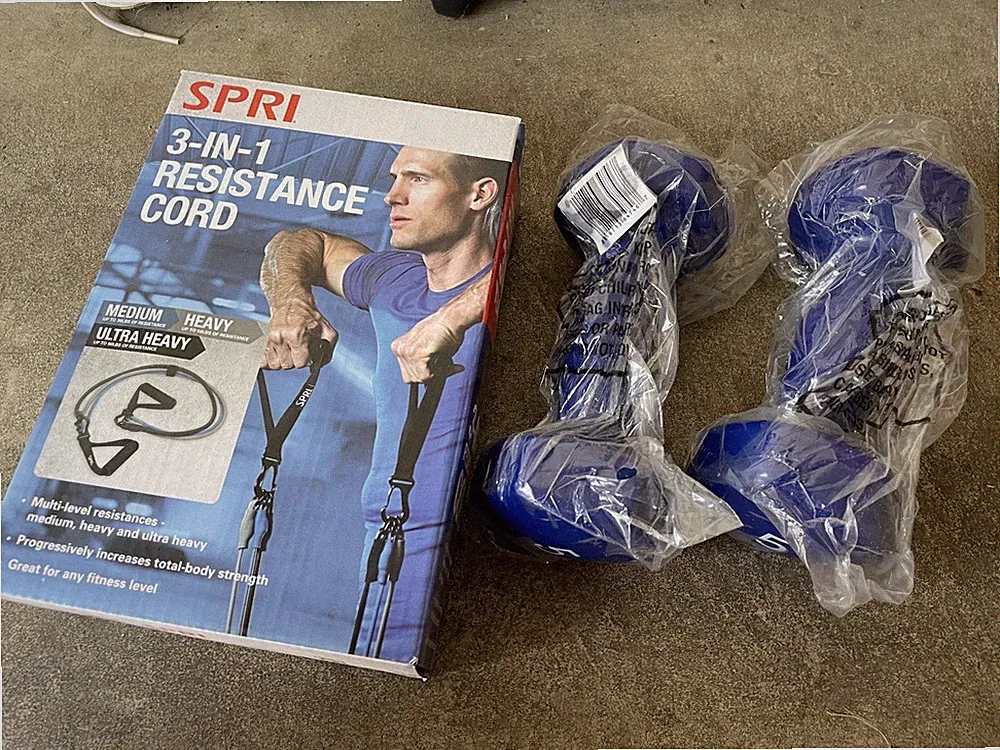 New SPRI 3-IN-1 Resistance Cord & 5 Pound Dumbbell Set Blue Gym Work Out