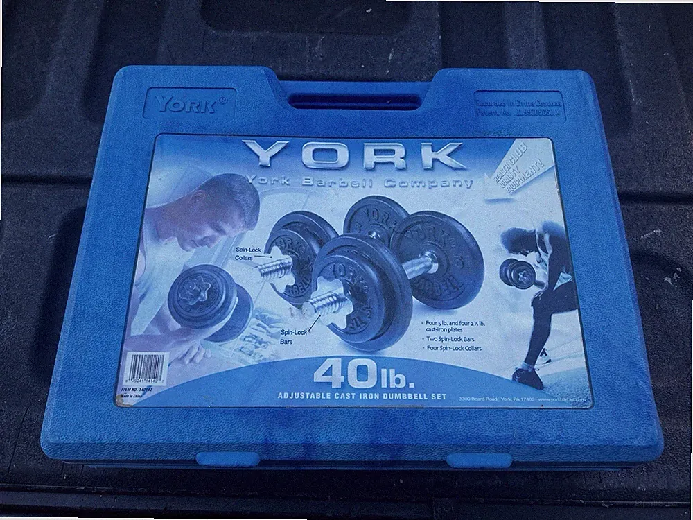 NOS - York 40 Lb Adjustable Barbell Set In Case Iron Dumbbells Chrome Collars