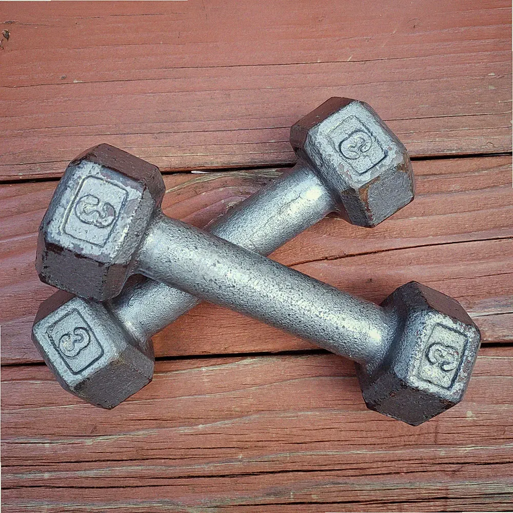 Older (3 Pound) Cast Iron Hand Dumbbell Weight Set (PAIR) - 6.5" LONG - W/ WEAR