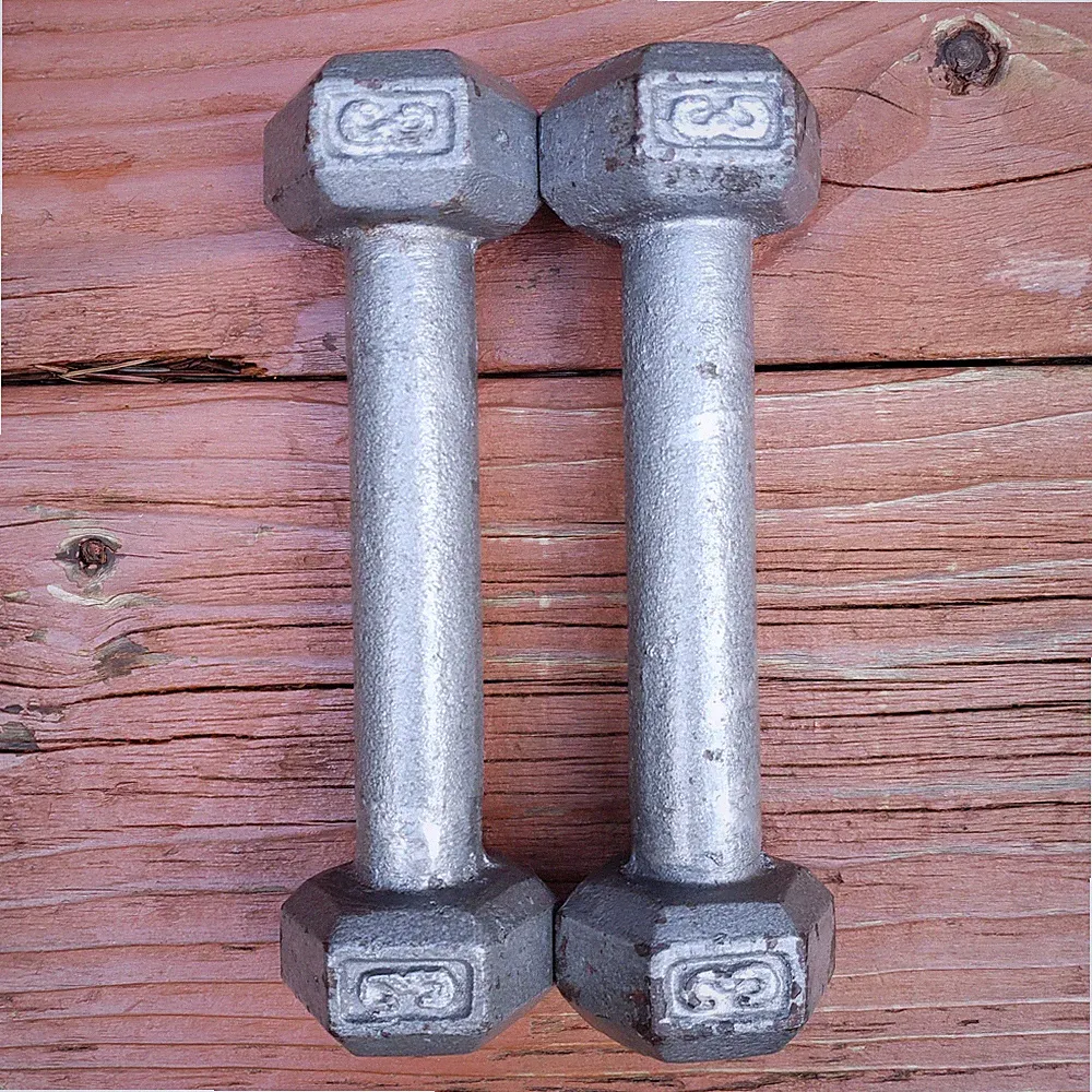 Older (3 Pound) Cast Iron Hand Dumbbell Weight Set (PAIR) - 7.5" LONG - W/ WEAR