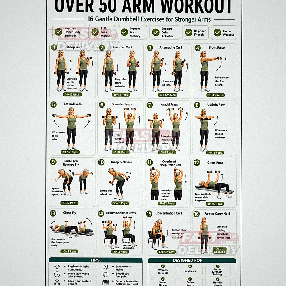 Over 50 Arm Workout Poster & Canvas, 16 Dumbbell Exercises for Women