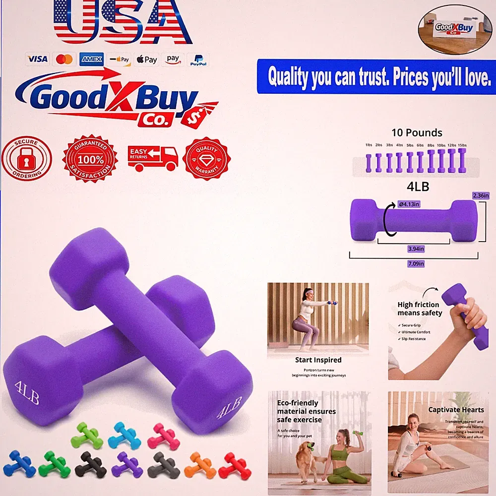 Pair 4LB Neoprene Dumbbells Cast Iron Anti-Slip Hex Set of 2 for Fitness