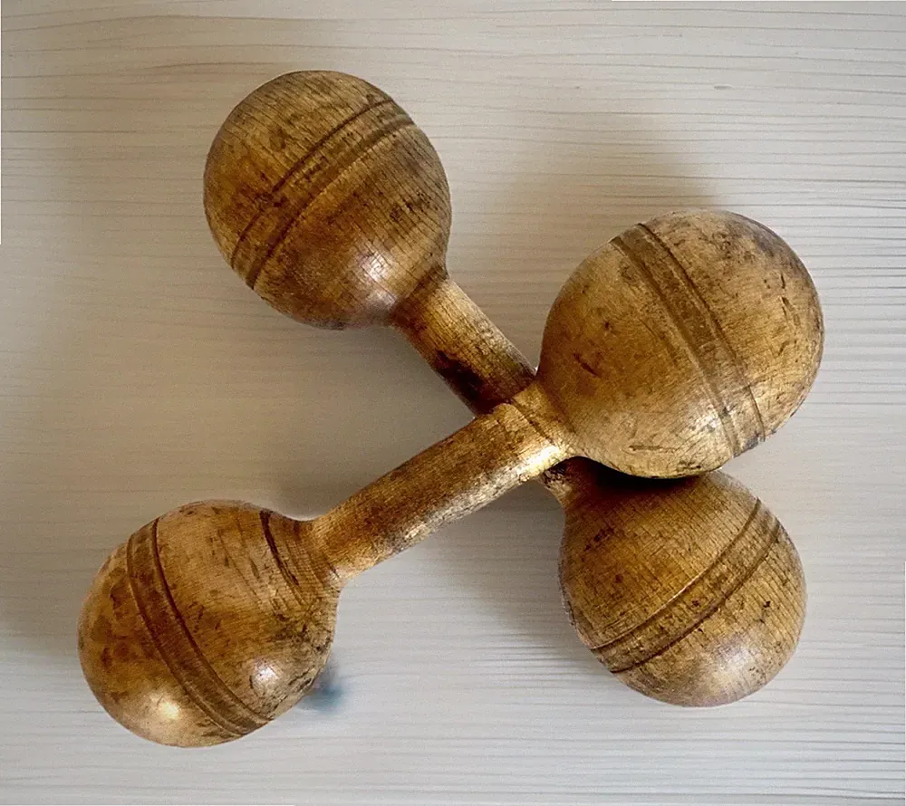 Pair Antique Wood Standard Barbells/Dumbbells for Exercise, 9-1/2" Long