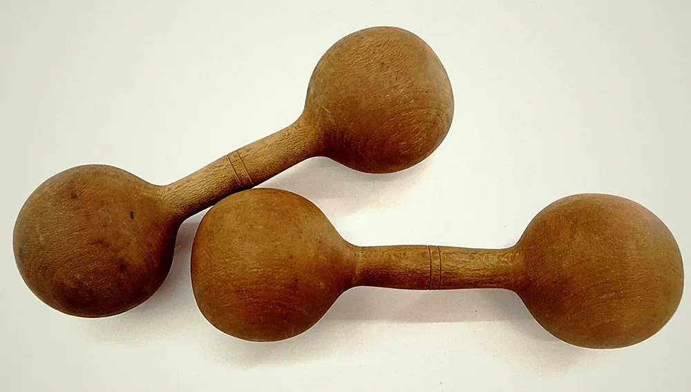 Pair Antique Wooden Dumbbells Hand Workout Weights Scarce CHILDS SIZE 8" Long n1
