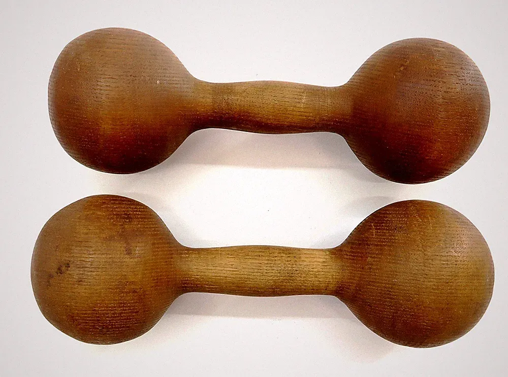 Pair Antique Wooden Dumbbells Hand Workout Weights Scarce CHILDS SIZE 8" Long n2