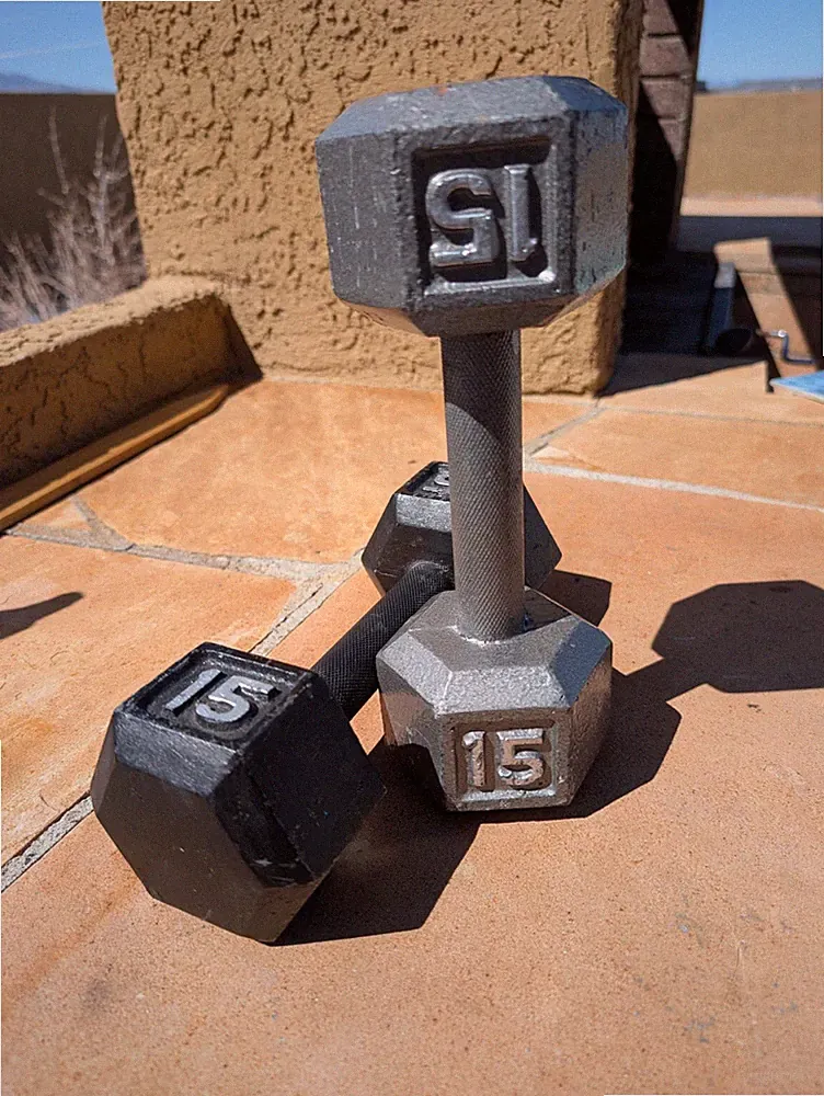 PAIR CAST IRON HEX DUMBBELLS weight 15 lbs ea gray and black