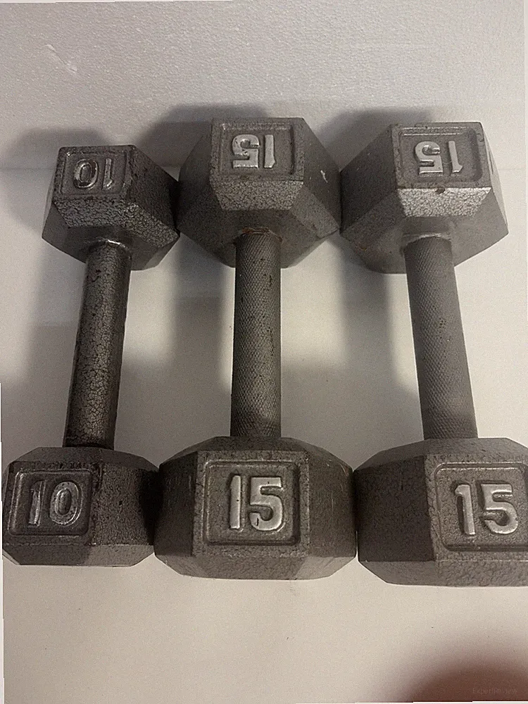 Pair of 15 Lb & one 10 lb - Dumbbell Cast Iron Hex 40 Lbs Pounds Weights Gym