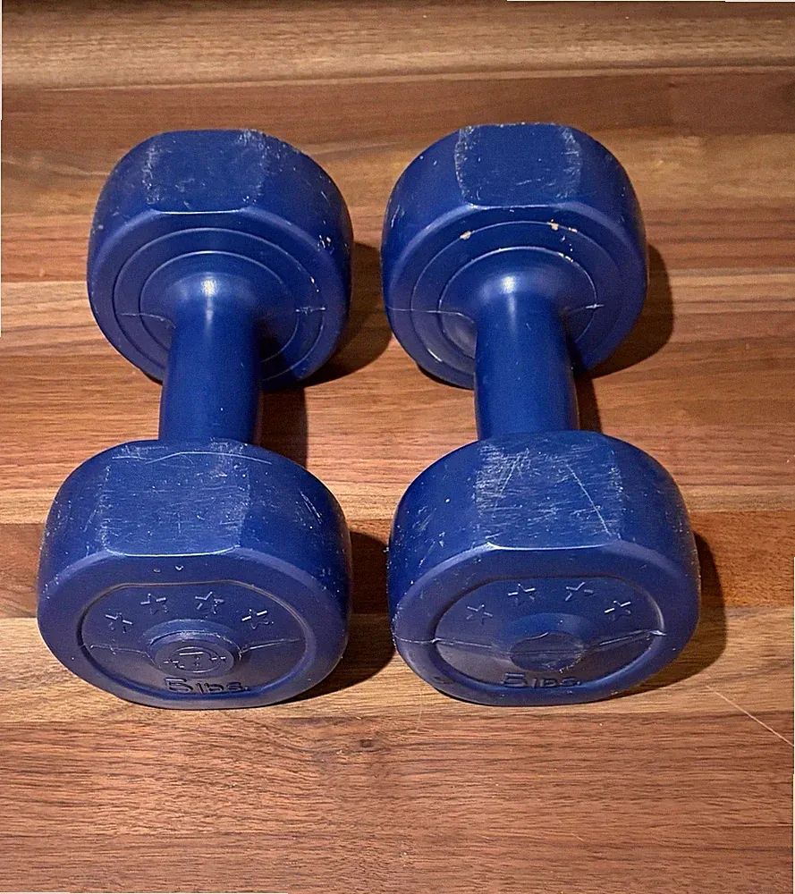 Pair of 5 lb Vinyl Coated Hex Dumbbells Blue Hand Weights 10 lbs Total