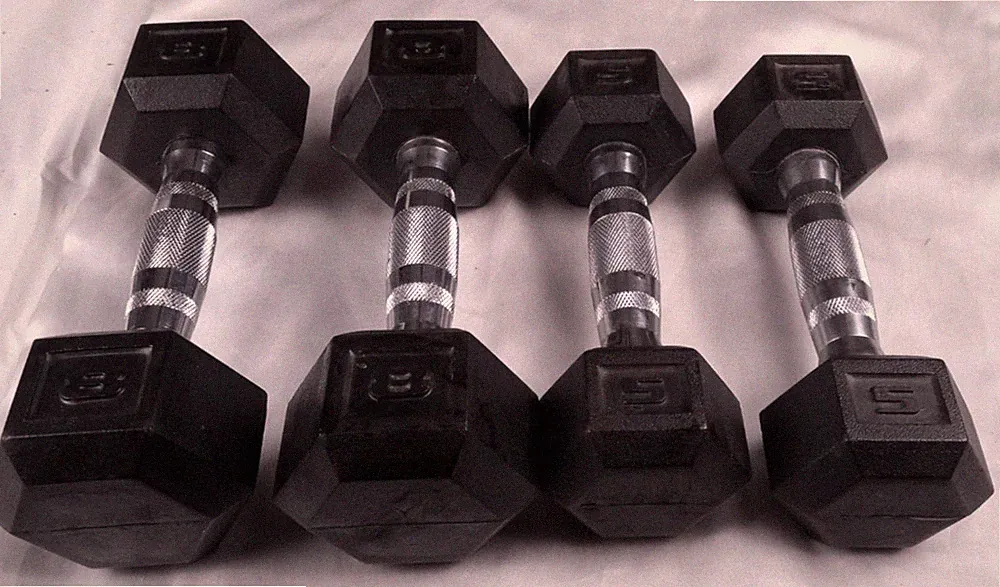 Pair of 8 lb & 5 lb Hex Rubber coated cast iron Dumbbells Chrome Grip Set