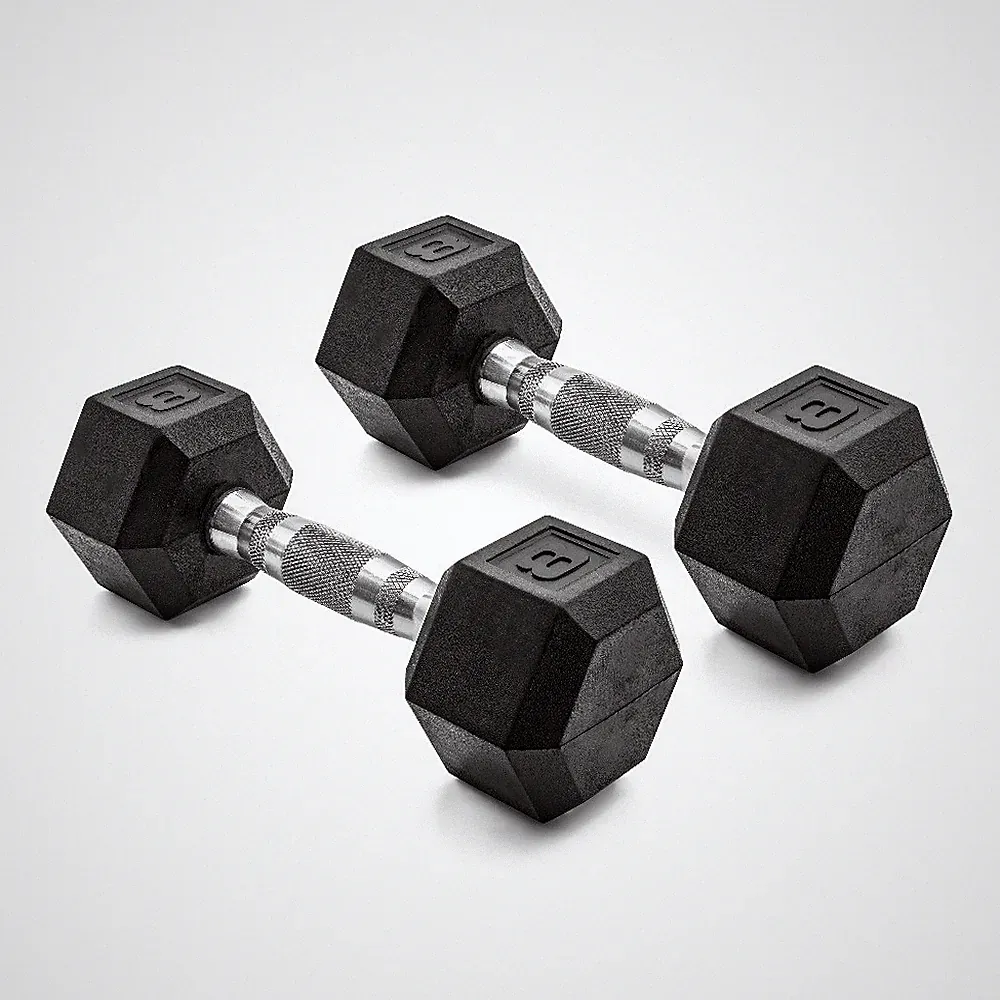 Pair of 8lb Rubber Coated Hex Dumbbells with Non-Roll Design and Ergonomic