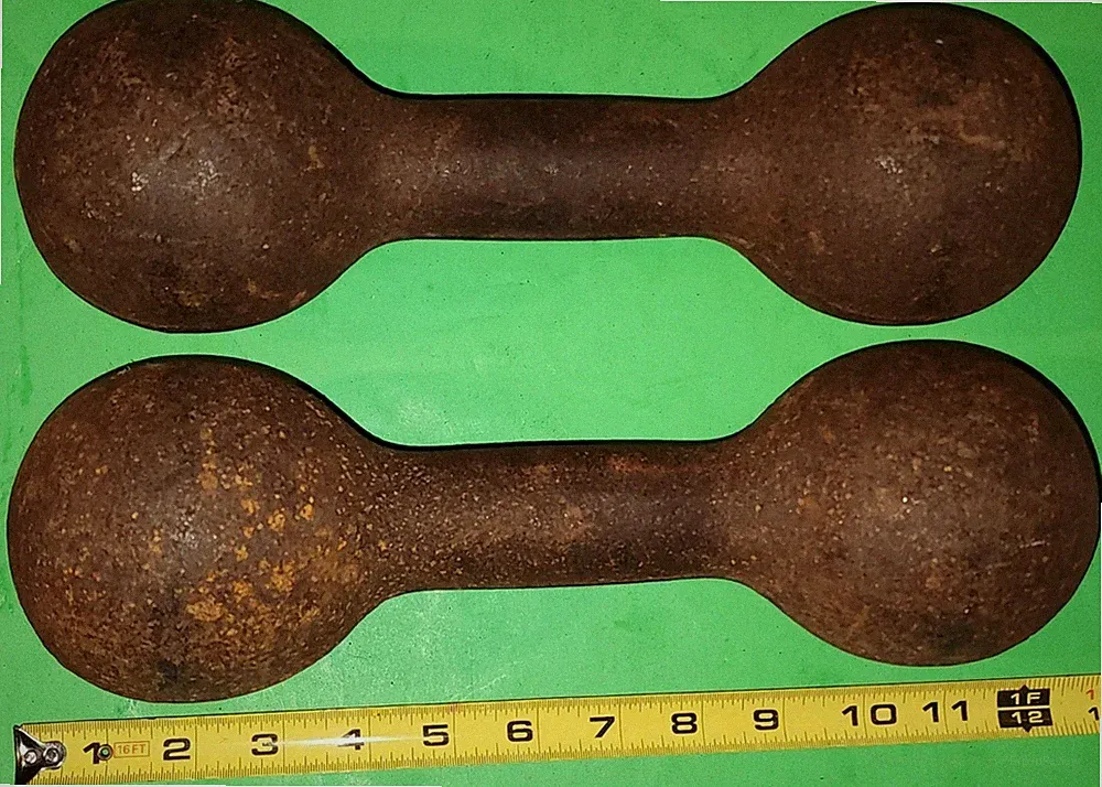 Pair of Antique One Piece Solid Cast Iron Dumbbells 16 lb 8 oz and 16 lb 6oz