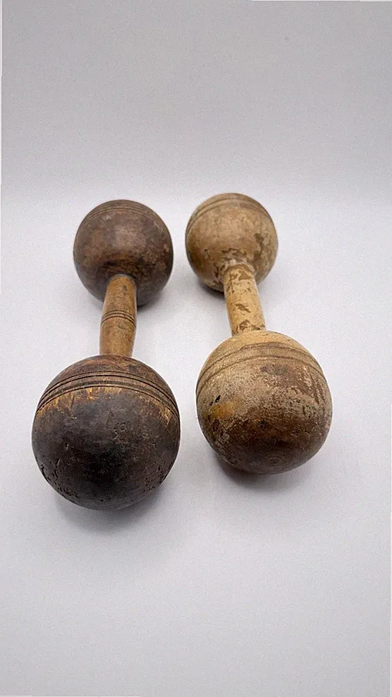 Pair of Antique Wooden Dumbbells 9.5" Victorian Era Hand Weight Late 1800s Decor