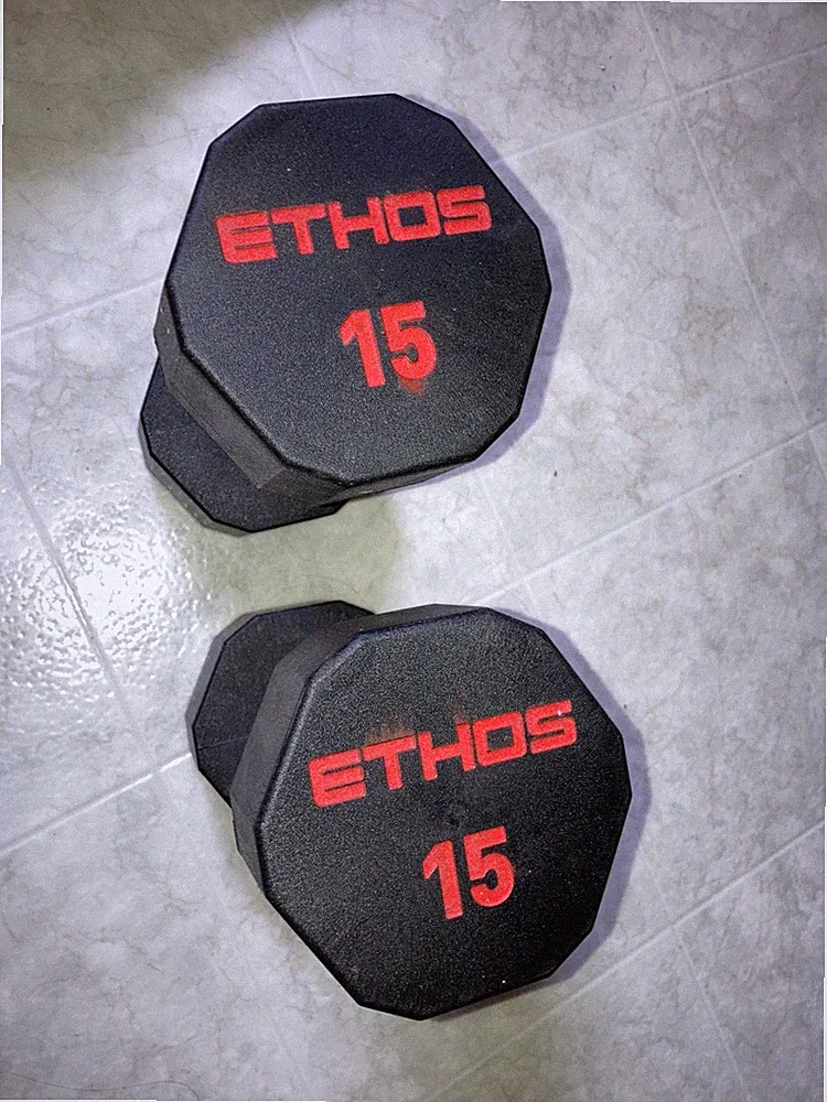 Pair of ETHOS Brand Dumbbells 15 lb pounds RUBBER HEX set black weights chrome