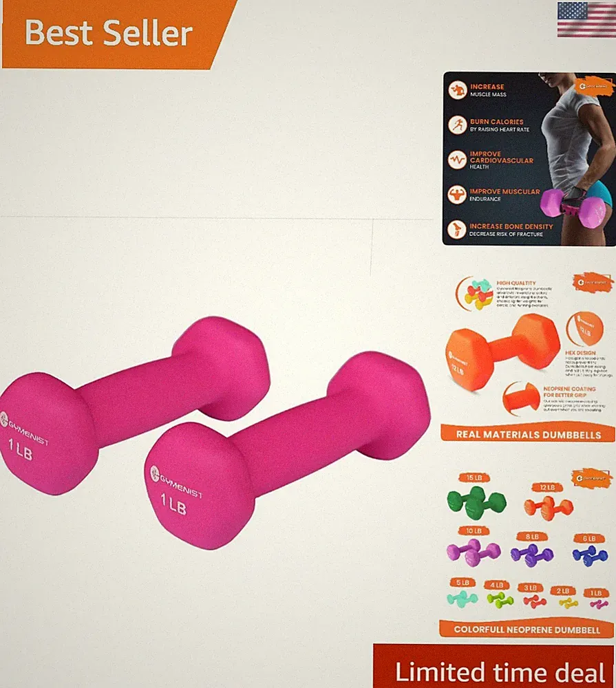 Pair of Non-Slip Neoprene Dumbbells - Set of 2 (1lb Each) for Home Workouts