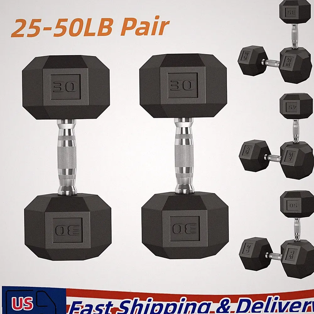 Pair of Rubber Coated Hex Dumbbell Hand Weight Set, 25 lb to 50 Pound