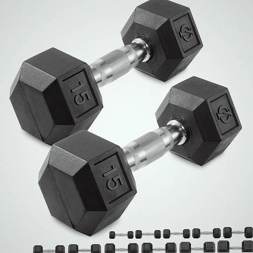 Pair of Rubber Coated Hex Dumbbell Hand Weight Set, 3 lb to 50 Pound