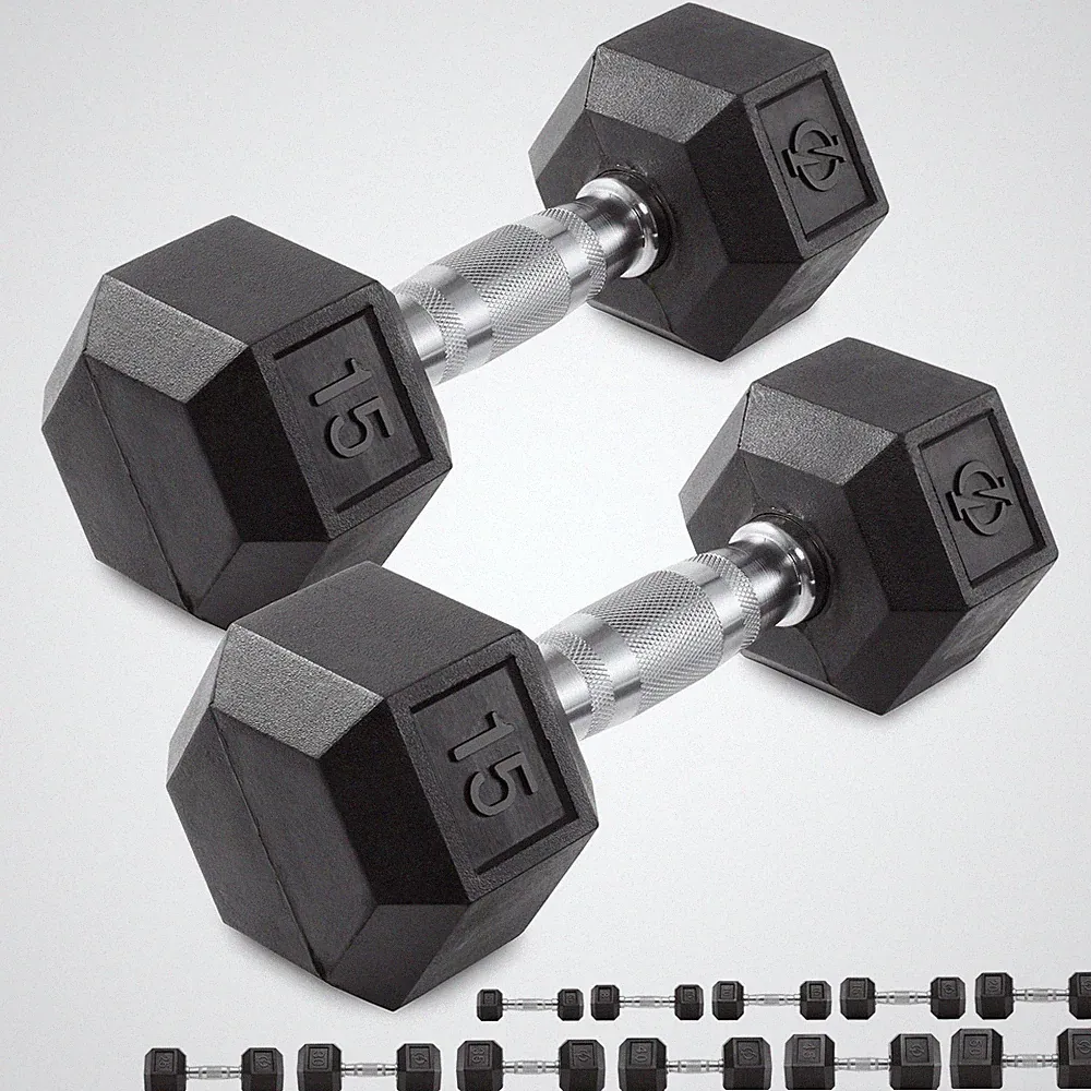 Pair of Rubber Coated Hex Dumbbell Hand Weight Set, 3 lb to 50 Pound