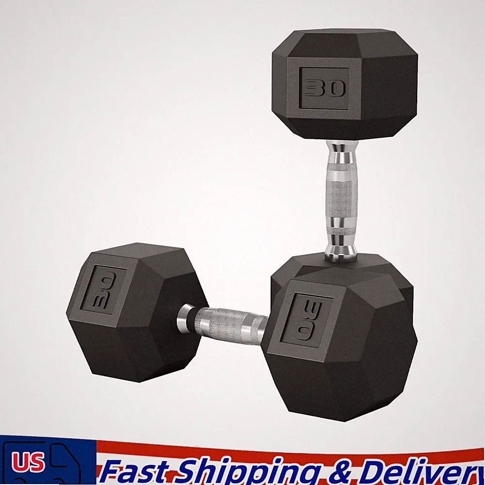 Pair of Rubber Coated Hex Dumbbell Hand Weight Set, 30 Pound
