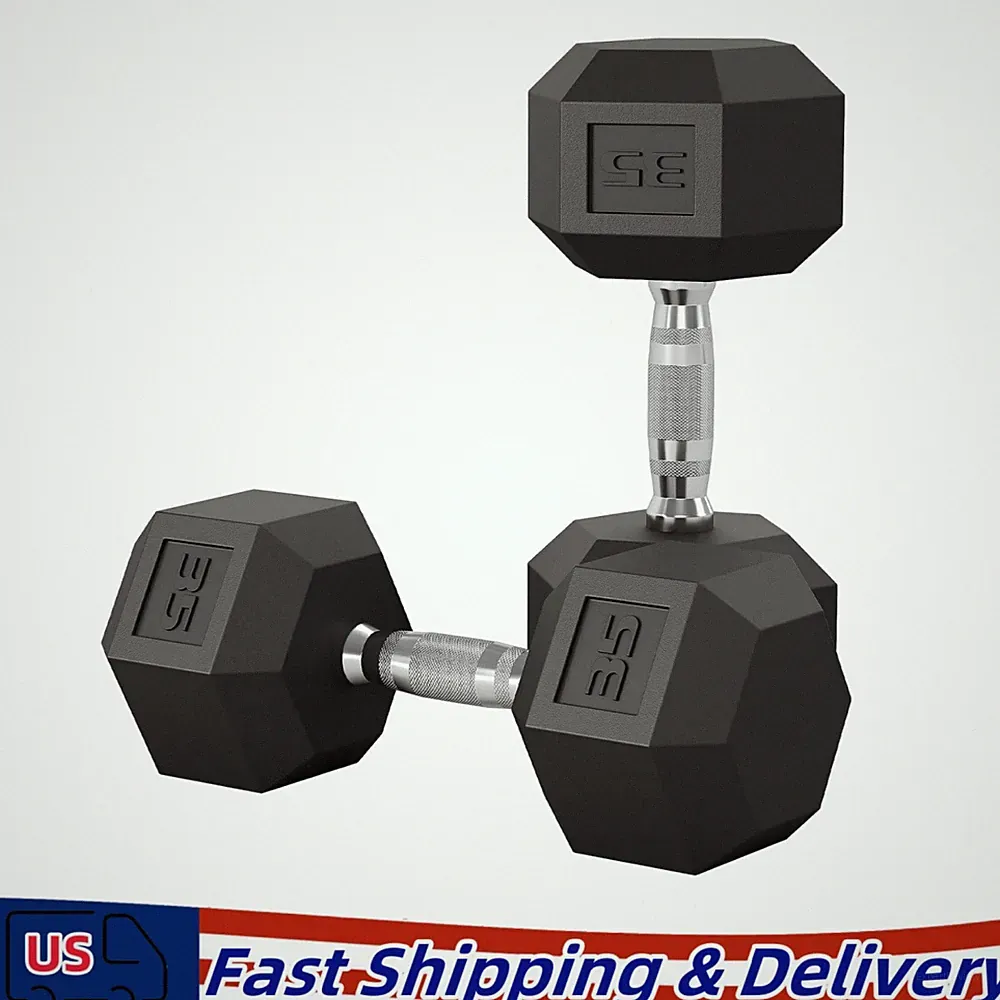 Pair of Rubber Coated Hex Dumbbell Hand Weight Set, 35 Pound