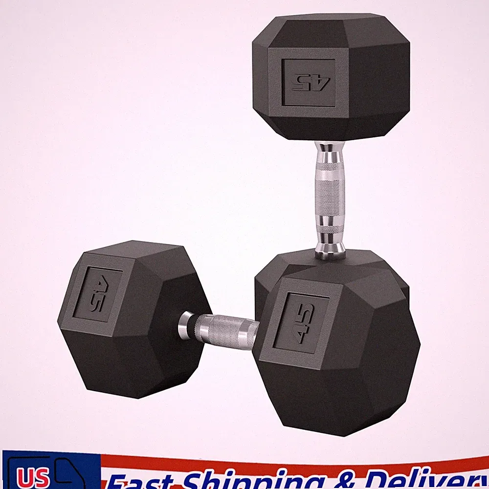 Pair of Rubber Coated Hex Dumbbell Hand Weight Set, 45 Pound