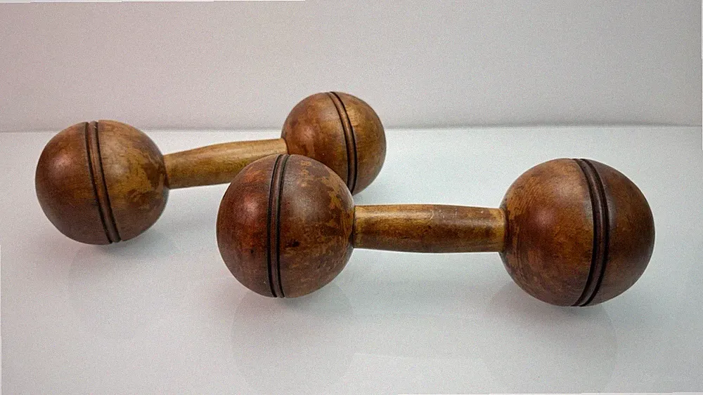 Pair Of Vintage Antique 3/4 lb. Standard Wooden Exercise Wood Dumb Bell Weight