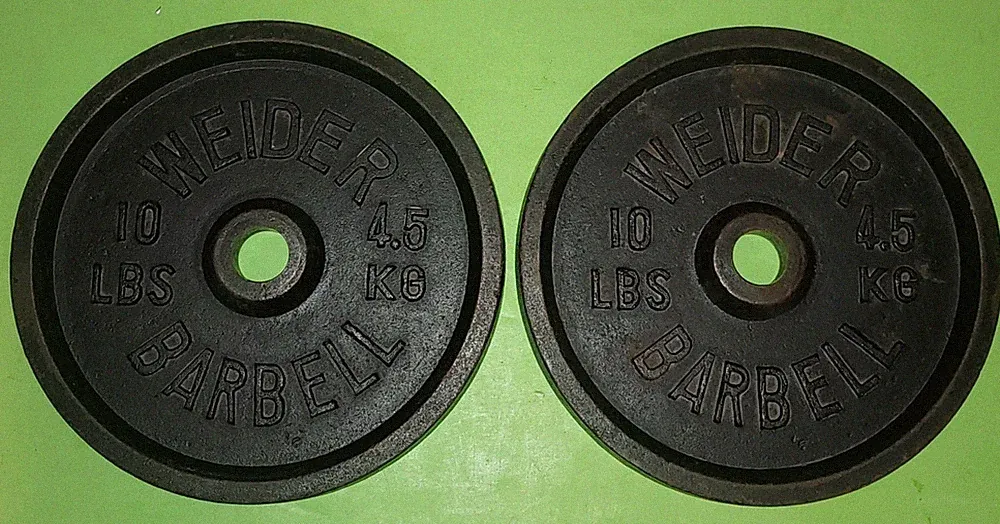 Pair of Vintage Weider 10 lb Barbell / Dumbbell Weight Plates Standard 1 Inch
