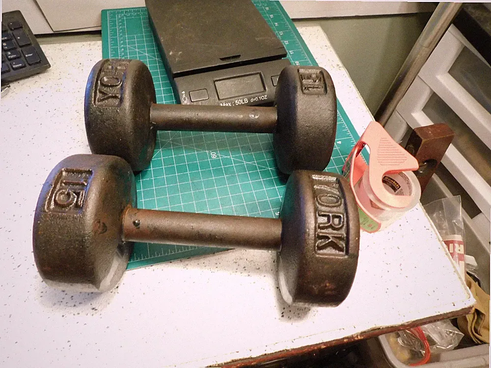 Pair of Vintage YORK Cast Iron Roundhead 15LB Round Head Dumbbells