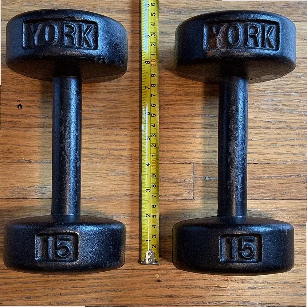 Pair of Vintage YORK Cast Iron Roundhead 15LB Round Head Dumbbells USA