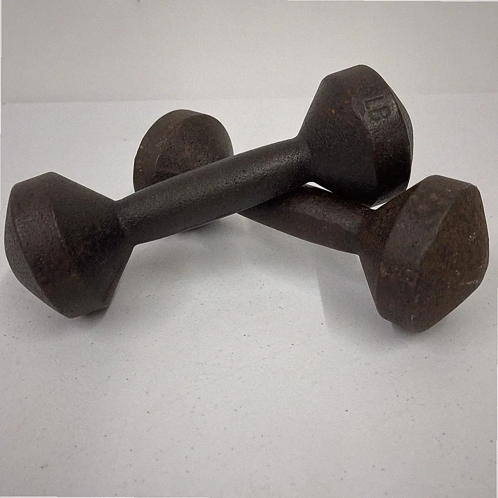 PAIR VINTAGE UNBRANDED BARBELL DUMBBELLS 5LB ROUNDHEAD IRON ART HAND WEIGHTS