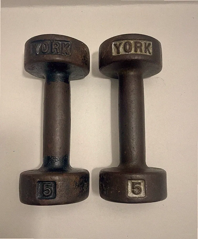 Pair York Barbell Vintage 5 Lb Pound Roundhead Dumbbells Early Pre-USA Version