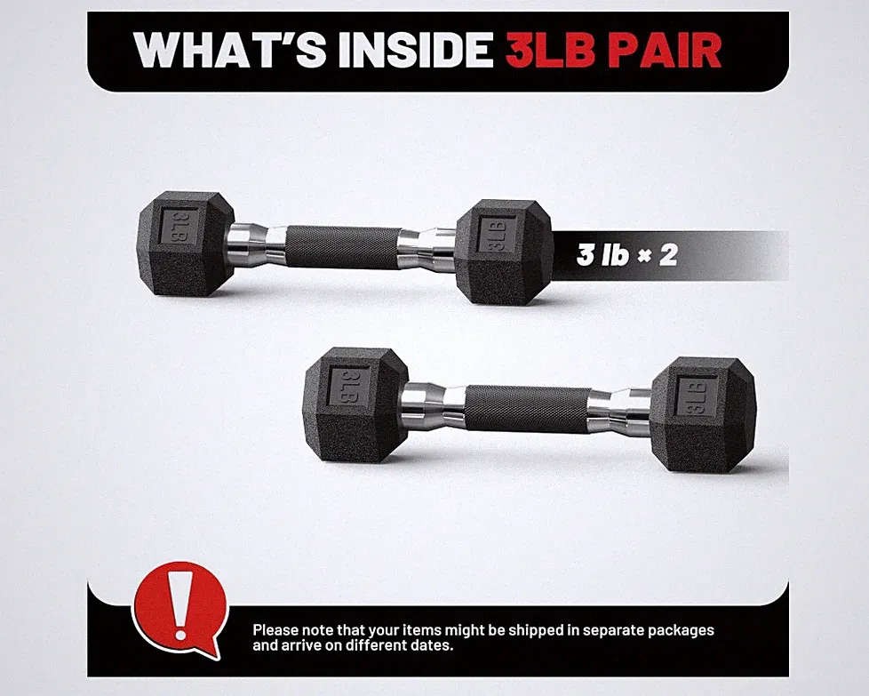 PAPABABE 3LB Rubber Hex Dumbbell Set – Odorless Coated Hand Weights w/ Comfort