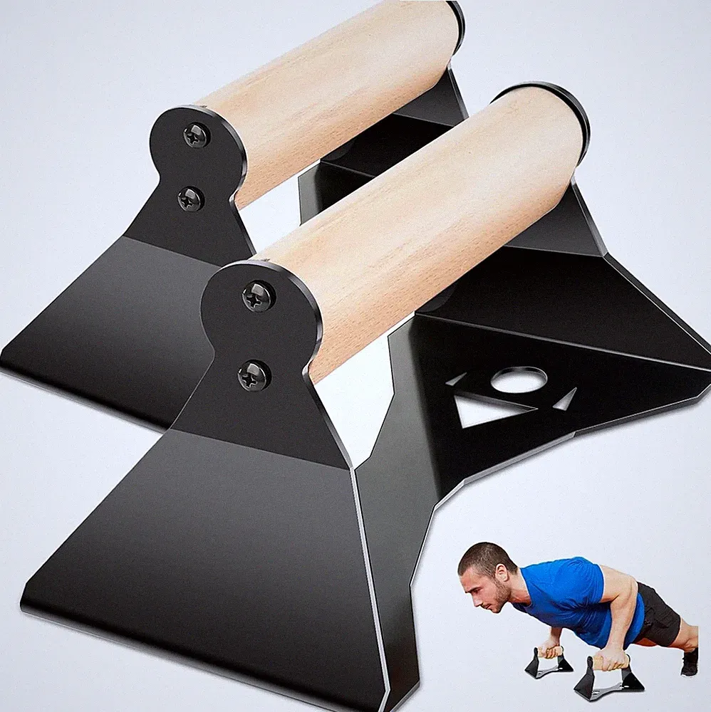 Parallettes Push Up Handles - Heavy Duty Steel Frame with Ergonomic Beech Woo...