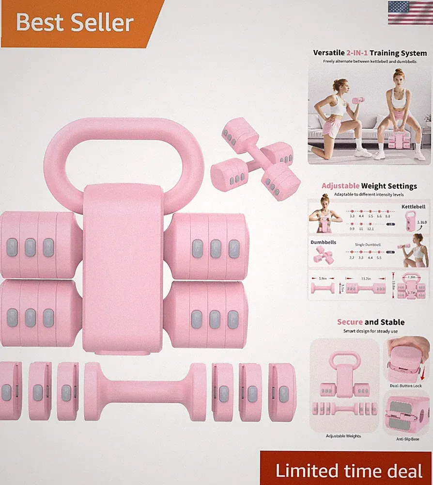 Pink 2-in-1 Adjustable Dumbbells Set for Women & Men – Full Body Workout System
