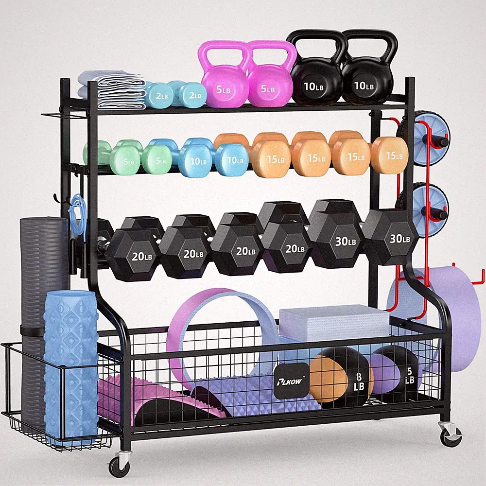PLKOW Extra Wide Dumbbell Rack Upgraded with Wheels and Hooks for Dumbbells