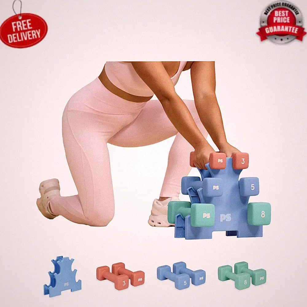 POPSUGAR 32lb Neoprene Dumbbell Set w/ Rack 3lb 5lb 8lb Home Gym