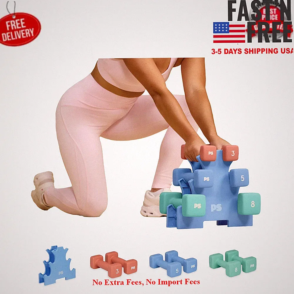 POPSUGAR 32lb Neoprene Dumbbell Set w/ Rack 3lb 5lb 8lb Home Gym, NEW USA